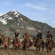 "yellowstone" premieres wednesday, june 20 on paramount network   john dutton center   kevin costner,  owner of the dutton ranch is surrounded by his ranch team pictured l to r  jamie dutton wes bentley, lloyd forrie smith, fred luke peckinpah, lee dutton dave annable, colby denim richards and rip wheeler cole hauser