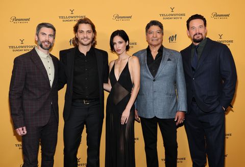 new york, new york   november 03 l r wes bentley, luke grimes, kelsey asbille, gil birmingham and cole hauser attend paramounts yellowstone season 5 new york premiere at walter reade theater on november 03, 2022 in new york city photo by dia dipasupilgetty images