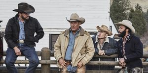 'yellowstone' season 5 sneak peek photos john dutton center   kevin costner,  owner of the dutton ranch is surrounded by his ranch team pictured l to r  walker ryan bingham, lloyd forrie smith, rip wheeler cole hauser, jimmy jefferson white, colby denim richards and fred luke peckinpah