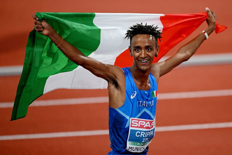 munich, germany   august 21 yemaneberhan crippa of italy  reacts after winning gold in the athletics   mens 10,000m final on day 11 of the european championships munich 2022 at olympiapark on august 21, 2022 in munich, germany photo by matthias hangstgetty images