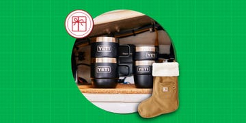 yeti mugs stacked and a carhartt stocking