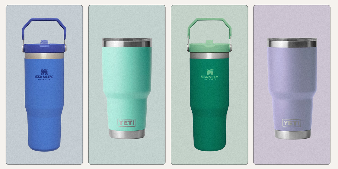 a group of blue and green yeti and stanley tumblers