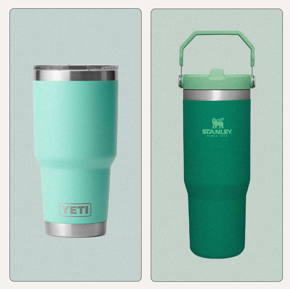 a group of blue and green yeti and stanley tumblers