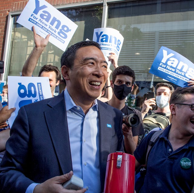 new york, ny  june 10 new york city mayoral candidate andrew yang greets supporters before the second televised debate on june 10, 2021 outside of the cbs television studios in  new york city, new york  photo by andrew lichtensteincorbis via getty images