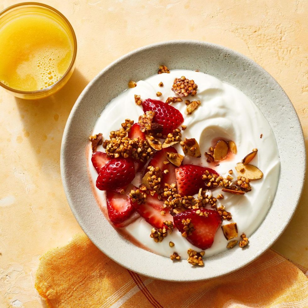 yogurt with strawberries and almond buckwheat groats