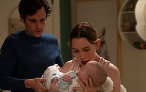 you l to r penn badgley as joe goldberg and victoria pedretti as love quinn in episode 301 of you cr john p fleenornetflix © 2021