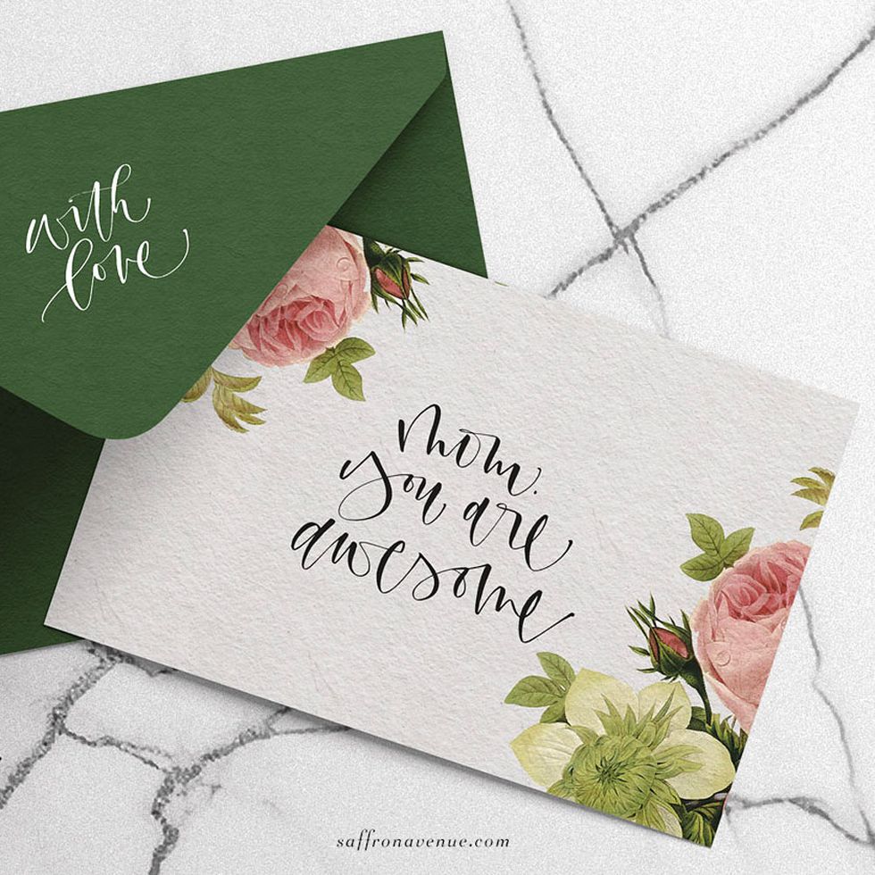 printable mother's day card with pretty pink, green, and cream floral artwork that says mom you are awesome