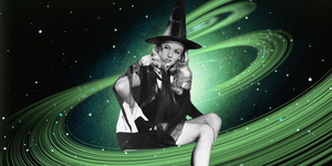 a black and white photo of a witch over a swirly green background