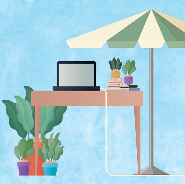 graphic of a desk plants umbrella and books and computer