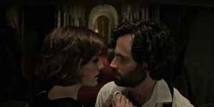 you l to r charlotte ritchie as kate, penn badgley as joe in episode 405 of you cr courtesy of netflix © 2022