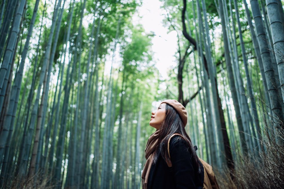young asian female backpacker enjoying in nature taking a deep breath of fresh air while having a relaxing walk in the bamboo forest in the countryside during the outbreak of coronavirus pandemic