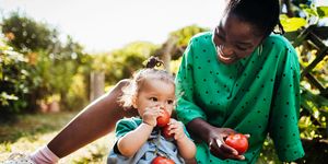 young baby eating fresh tomatoes with mom