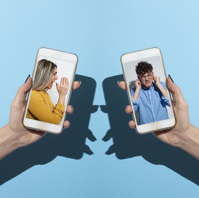 young couple arguing through a smartphone