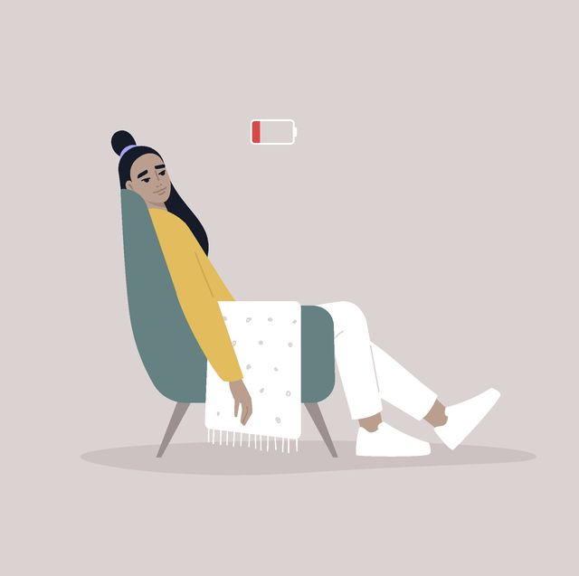 a young female asian exhausted character sitting in a chair with a low battery indicator above