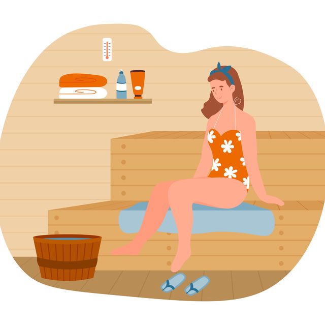 young female character is relaxing in hot sauna bath