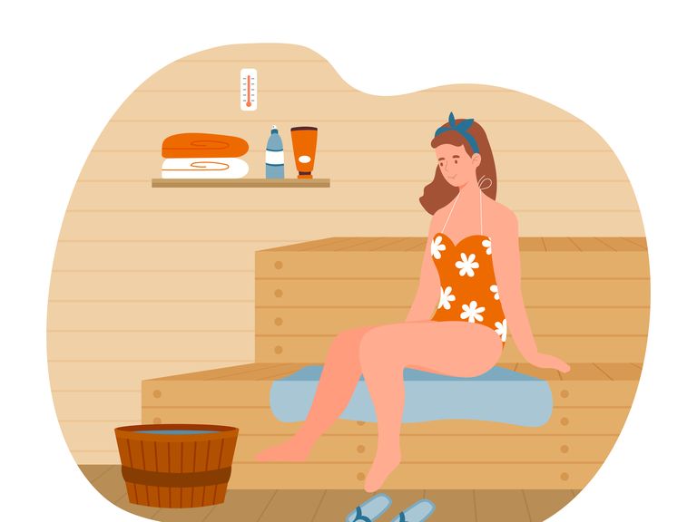 young female character is relaxing in hot sauna bath