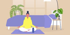 young female character practising yoga and meditation at home, mindfulness, modern millenial lifestyle