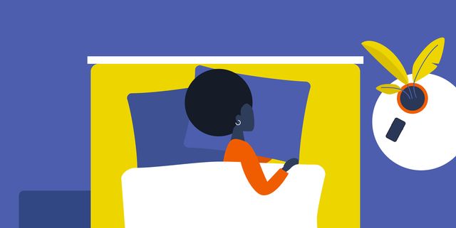 Young female character sleeping in a double bed. Top view. Interior design. Flat editable vector illustration, clip art