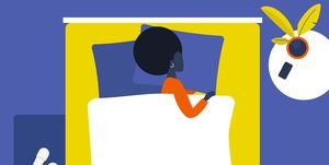 Young female character sleeping in a double bed. Top view. Interior design. Flat editable vector illustration, clip art