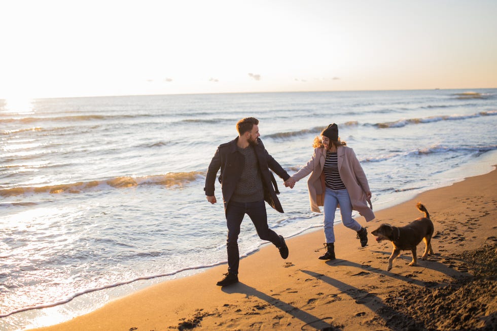 young freshly married couple enjoying their honeymoon at the beach with their dog
