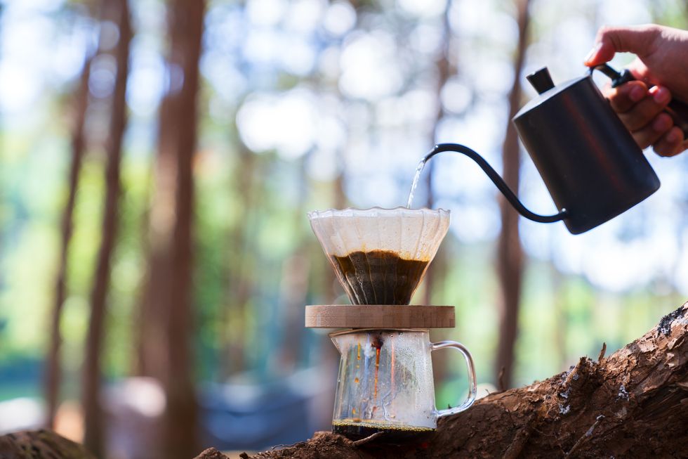 young man drip coffee in the morning while camping in the forest and trees on background