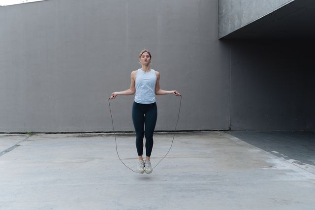young sportswoman skipping rope while standing against wall