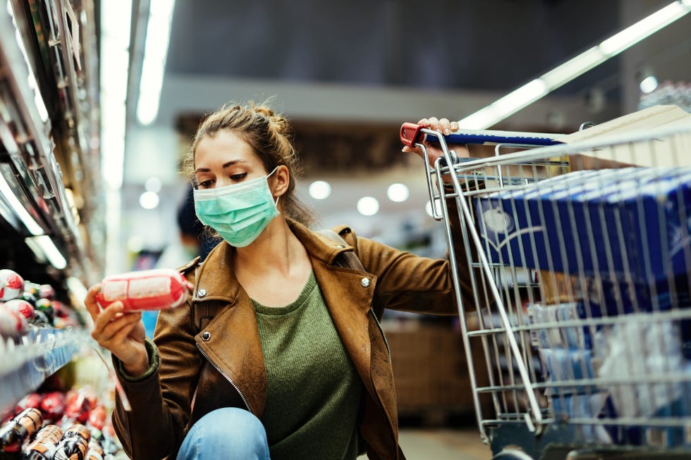 young woman buying groceries while wearing face mask in the supermarket