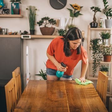 young woman cleaning table with spray bottle and rag