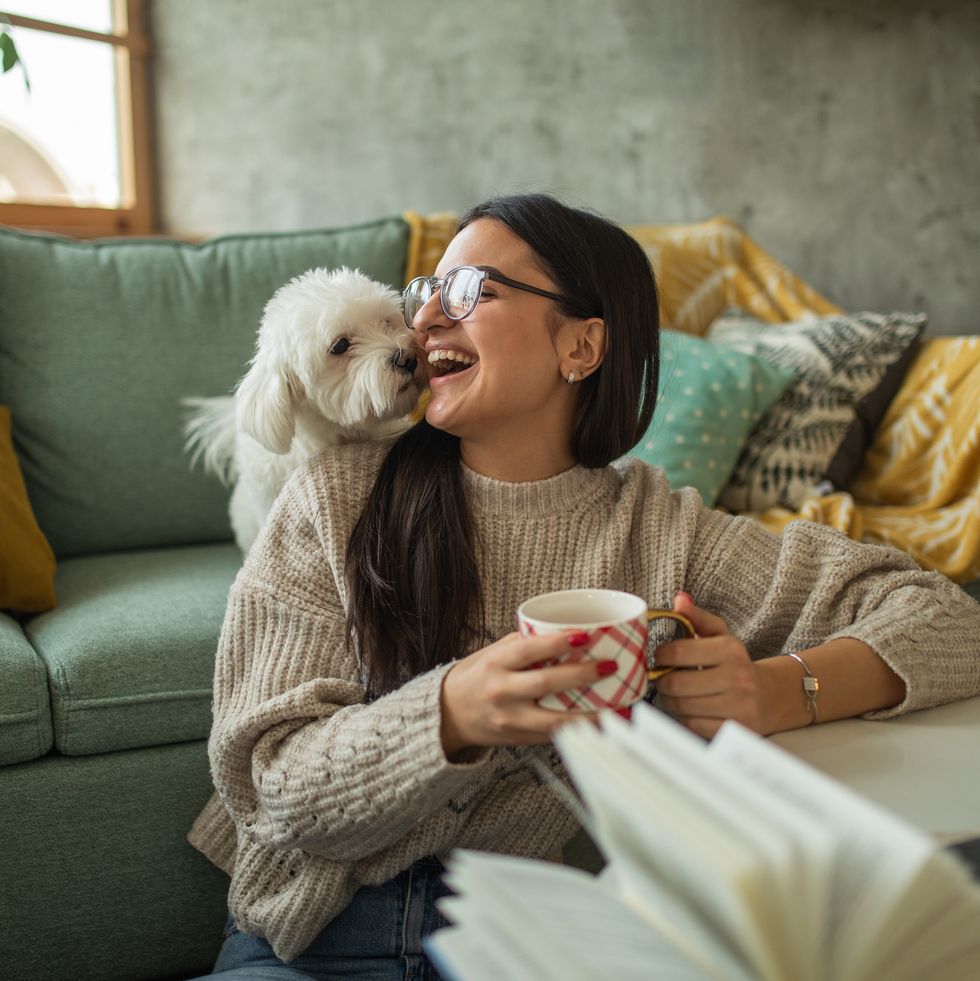 young woman drinking tea while playing with her dog at home