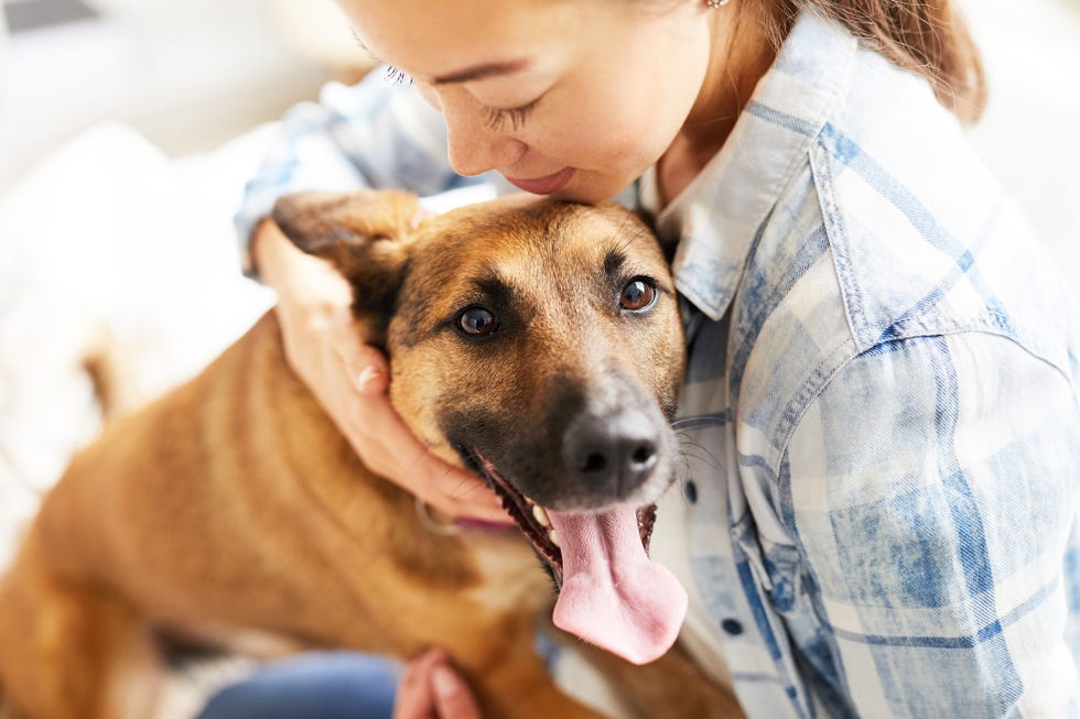 young woman embracing dog