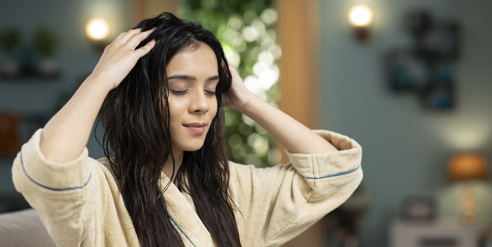 young woman hair care, stock photo