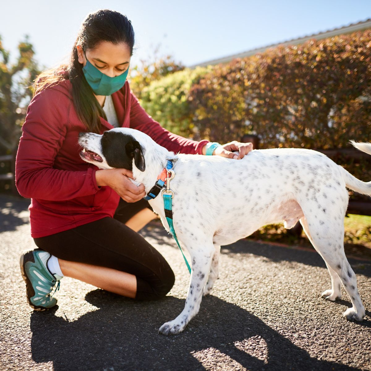 young woman in a face mask petting her dog during a walk