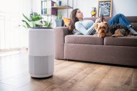 young woman in living room setting up home air purifier