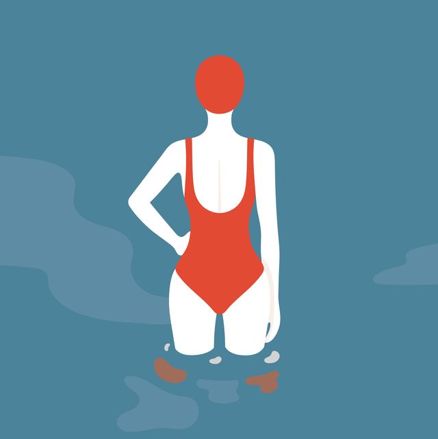 young woman in the swimming pool girl swimmer in bathing suits and swimming caps water sport and swimwear girl swimsuit, recreation and leisure the view from the back flat vector illustration