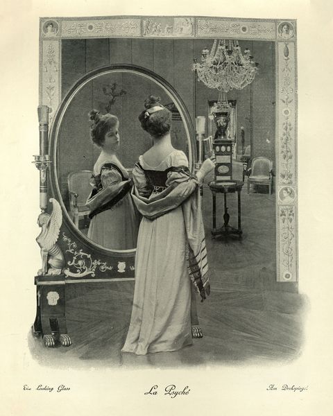 young woman looking at her reflection in a mirror, looking glass, victorian photomontage19th century