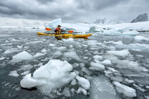 Een kayaker baant zich een weg door de ijskoude wateren van Antartica