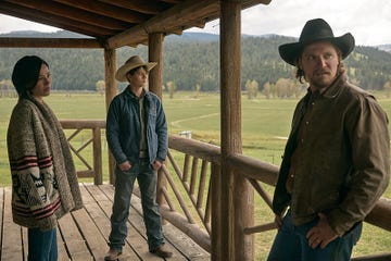 l r kelsey asbille as monica long, brecken merrill as tate dutton, luke grimes as kacey dutton on episode 509 of paramount network\s yellowstone 