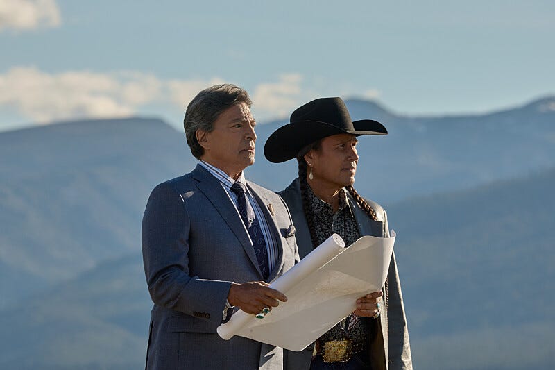 l r gil birmingham as thomas rainwater and mo brings plenty as mo on episode 509 of paramount network\s yellowstone