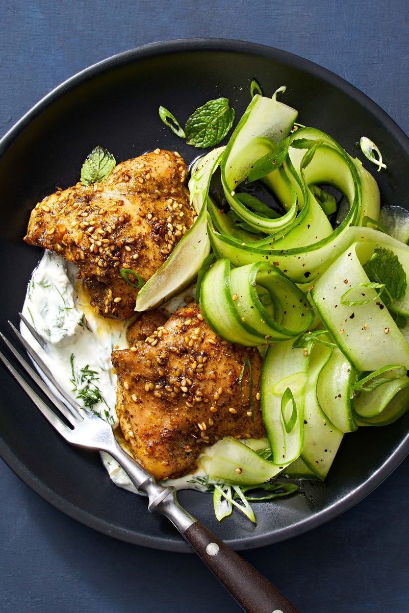 zaatar chicken with whipped feta and cucumber ribbons