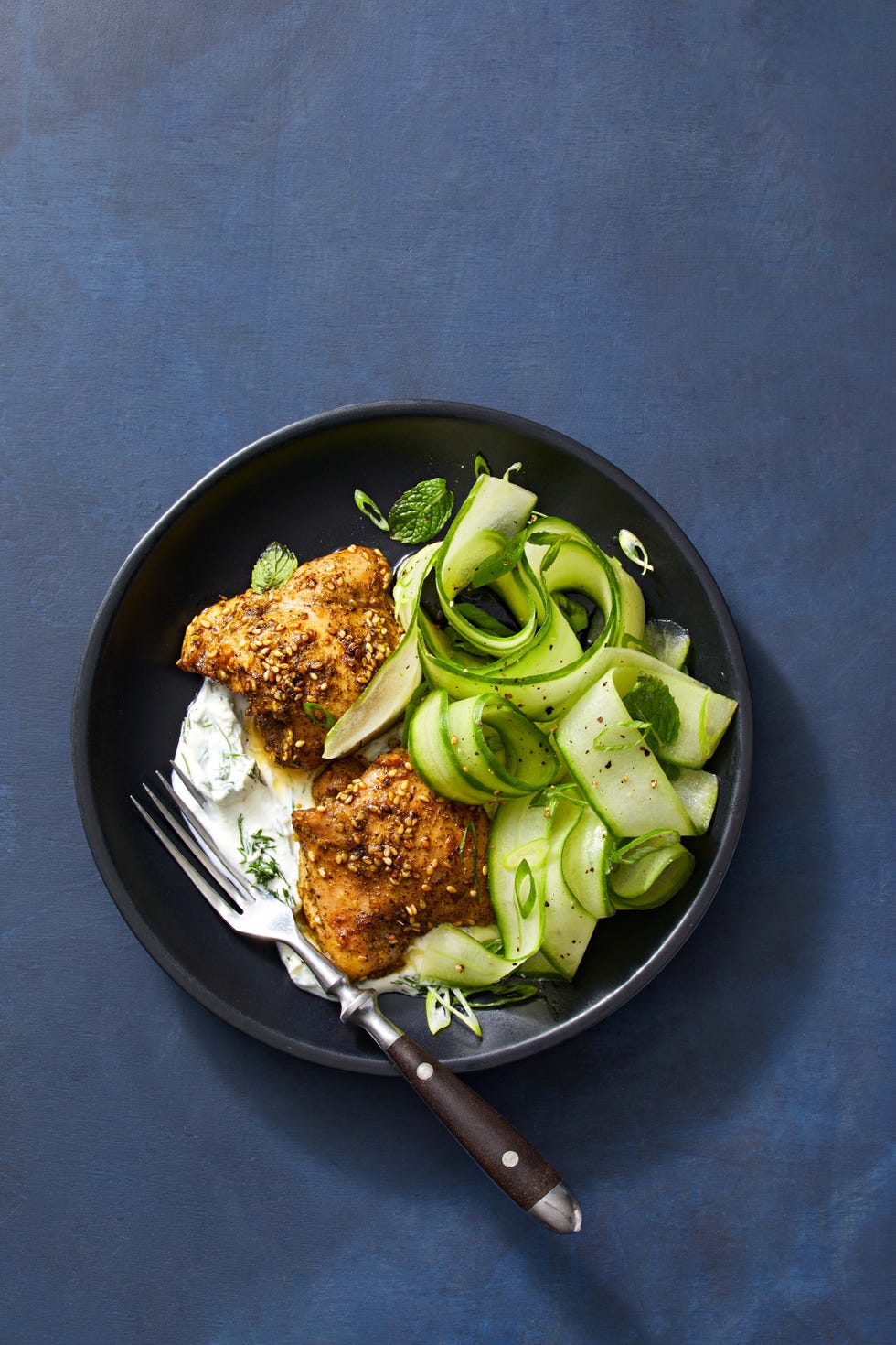 zaatar chicken with whipped feta and ribboned cucumbers