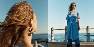 Hair, Blue, Hairstyle, Clothing, Long hair, Shoulder, Dress, Fashion, Blond, Turquoise, 