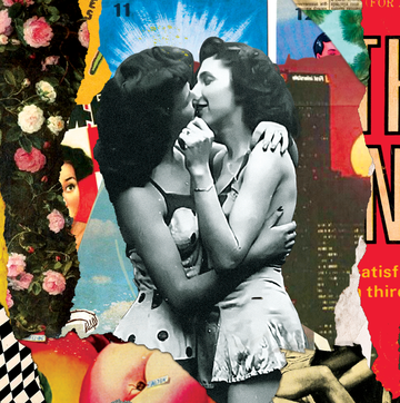 collage art shows women in an embrace about to kiss