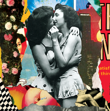 collage art shows women in an embrace about to kiss