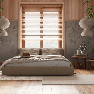 zen interior with potted bamboo plant, natural interior design concept, japandi bedroom with master bed and wallpaper, parquet, minimal architecture concept idea