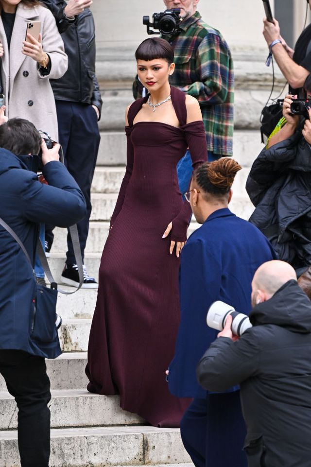 Zendaya Arrives at Fendi's Paris Show in a Plum Gown and Micro Bangs