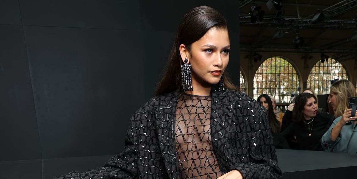 Zendaya Wears Sheer Bodysuit With Sequined Blazer to Valentino Show In Paris
