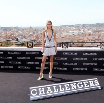 zendaya poses in tennis dress for 'challengers' photocall