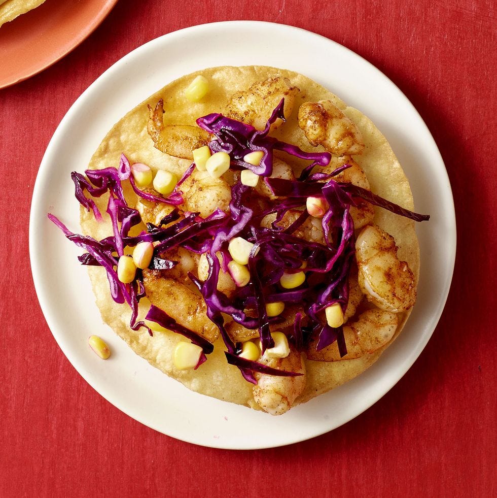 zesty shrimp tostadas with cabbage and corn slaw