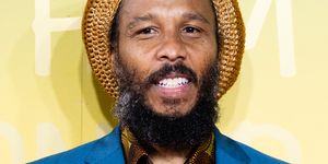 ziggy marley smiles while standing in front of a green, yellow and orange photo background, he wears a blue suit with a green and brown patterned shirt and brown knit cap