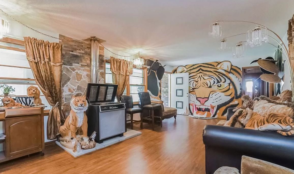 a tiger king esque room, as seen in a house featured on zillowgonewild's instagram account